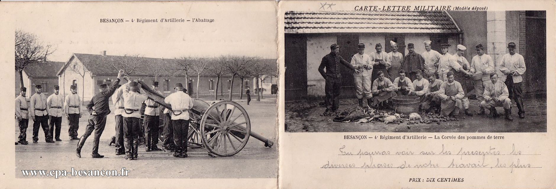 CARTE-LETTRE MILITAIRE - BESANÇON - 4e Régiment d'Artillerie - L'Abattage & 4e Régiment d'Artillerie - La Corvée des pommes de terre